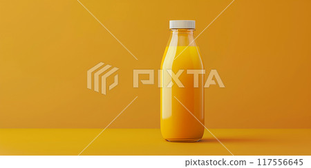 A single glass bottle of orange juice sits on a yellow surface against a yellow background 117556645