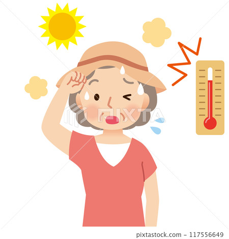 Elderly woman sweating outdoors in high temperatures - heat stroke Elderly woman sweating outdoors in high temperatures - heat stroke 117556649