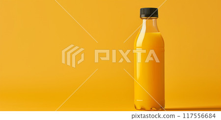 A single bottle of orange juice stands against a bright yellow background 117556684