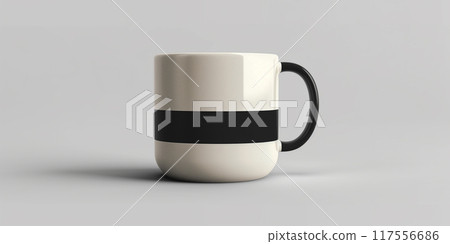 A simple white mug with a black handle and band on a grey background 117556686