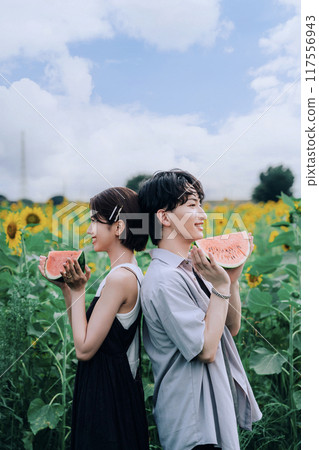 Couple taking pre-wedding photos in a sunflower field holding a watermelon 117556943