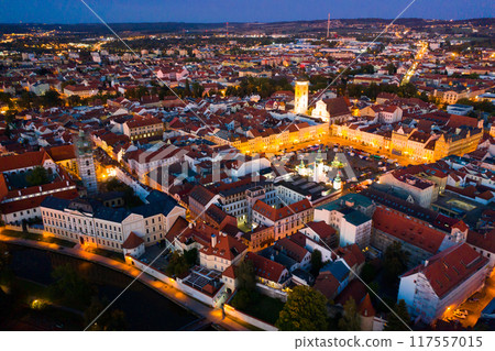 Night view from the drone on the Ceske Budejovice. Czech Republic 117557015