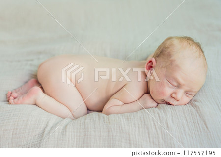 The baby is sleeping peacefully in his cozy nest. Newborn photo session captures the serene innocence and warmth of early moments The baby is sleeping peacefully in his cozy nest. Newborn photo session captures the serene innocence and warmth of early moments 117557195