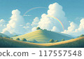 夏日天空與綠色山丘上雙彩虹的插圖 117557548