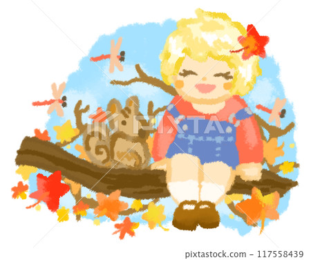 A girl enjoying autumn on a tree with red leaves A girl enjoying autumn on a tree with red leaves 117558439