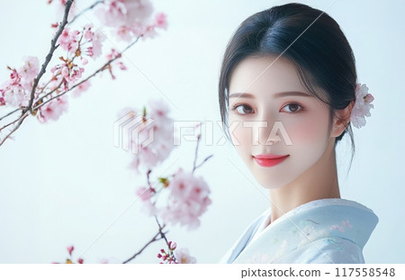 Spring cherry blossoms and beautiful women in kimonos 117558548