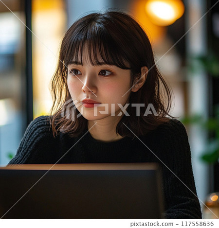 A woman using a computer at night A woman using a computer at night 117558636