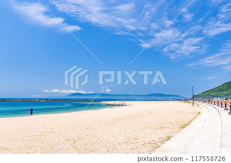 神戶市須磨區須磨海濱公園的初夏須磨海灘風景（前景可看到淡路島和明石海峽大橋） 117558726
