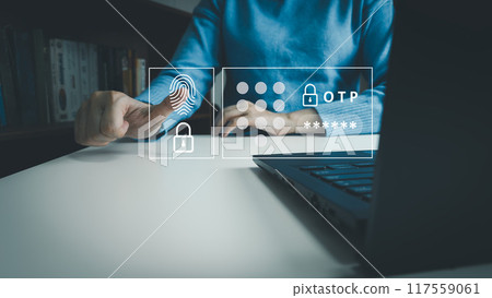 Verification of information with finger print by smart phone, Internet security, online financial transaction, 2-step verification, confirm transaction and identity. Verification of information with finger print by smart phone, Internet security, online financial transaction, 2-step verification, confirm transaction and identity. 117559061