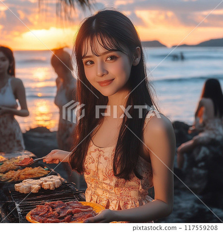 A woman having a barbecue by the sea at sunset 117559208