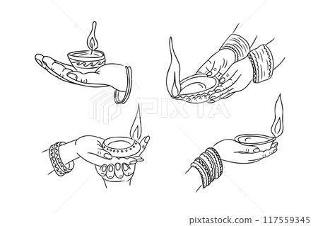 Diwali lamps in hands doodle set Diwali lamps in hands doodle set 117559345