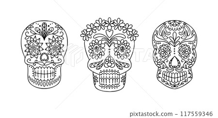 Mexican decorated outline set of sugar skulls 117559346