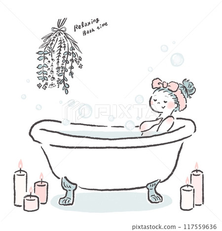 Line drawing illustration of a woman relaxing in the bathroom Line drawing illustration of a woman relaxing in the bathroom 117559636