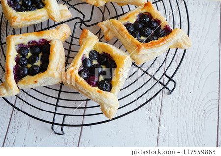 用新鮮採摘的藍莓烘烤的自製藍莓派。將蛋糕放入冷卻器中冷卻。 117559863