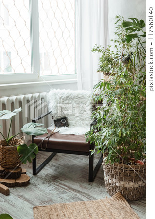 A fragment of the interior with a variety of indoor plants and plaster sculptures. Urban jungle concept. Biophilia design. A fragment of the interior with a variety of indoor plants and plaster sculptures. Urban jungle concept. Biophilia design. 117560140