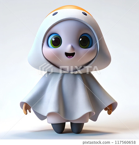 3D model of a cartoon ghost child with white cloak, Halloween decoration character. 117560658