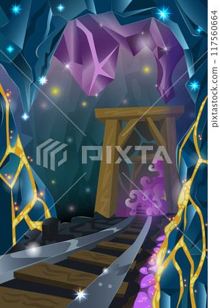 Old mine with rails and tunnel in mountain, underground cave or cavern scene with gems and crystals, fantasy game background, adventure concept, vertical cartoon vector illustration 117560664