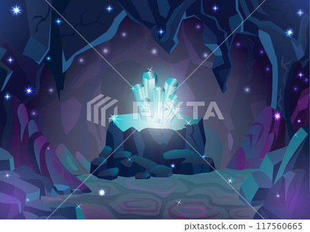 Magic underground cave or cavern landscape with gems, crystals and rocks around in mountain, fantasy game background, adventure concept, cartoon vector illustration 117560665