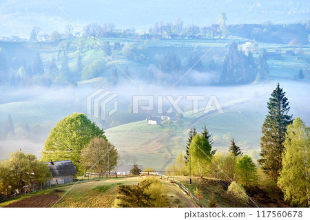 Serene countryside morning with mist rolling over gentle hills. Sunlight filters through, highlighting cozy farmhouse surrounded by lush trees. Scattered homes and winding paths, mist-covered valleys. Serene countryside morning with mist rolling over gentle hills. Sunlight filters through, highlighting cozy farmhouse surrounded by lush trees. Scattered homes and winding paths, mist-covered valleys. 117560678