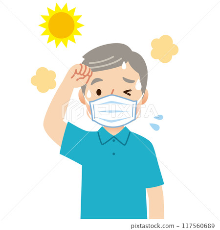 老人戴口罩出汗，口罩中暑，戶外高溫 117560689