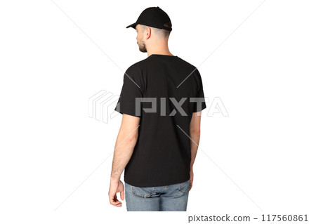 PNG, A guy in a black T-shirt and a cap, isolated on white background 117560861