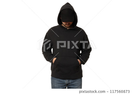 PNG,A guy in a black hooded sweatshirt, isolated on white background 117560873