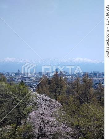 From the cherry blossom-filled Kurehayama Observatory, spring is in full swing, with the Toyama city area and the Ken-Tateyama mountain ranges of the Northern Alps From the cherry blossom-filled Kurehayama Observatory, spring is in full swing, with the Toyama city area and the Ken-Tateyama mountain ranges of the Northern Alps 117560935