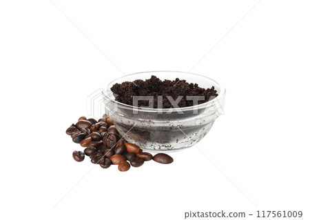 PNG, coffee body scrub, in transparent container, isolated on white background. 117561009