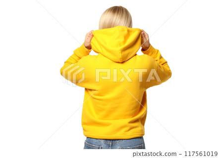 PNG, A young woman in a yellow hooded sweatshirt, isolated on white background 117561019