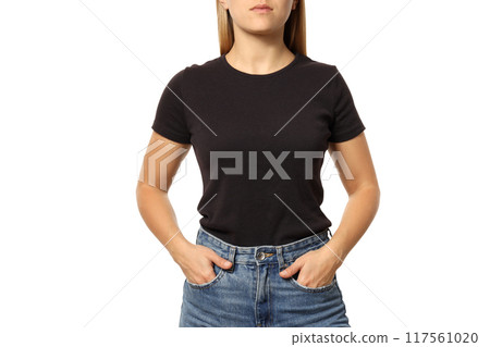 PNG,A woman in a black T-shirt, isolated on white background 117561020