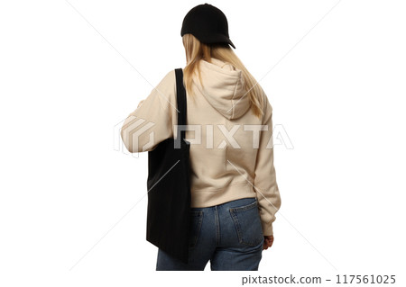 PNG, A young woman with a black bag in her hand, isolated on white background PNG, A young woman with a black bag in her hand, isolated on white background 117561025