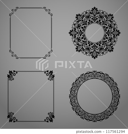 Set of decorative frames Elegant vector element for design in Eastern style, place for text. Floral black and gray borders. Lace illustration for invitations and greeting cards 117561294