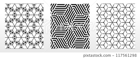 Geometric set of seamless black and white patterns. Simple vector graphics. 117561298