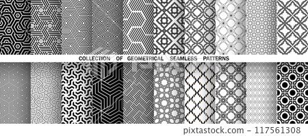 Geometric set of seamless black and white patterns. Simple vector graphics. 117561308