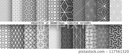 Geometric set of seamless black and white patterns. Simple vector graphics. 117561320
