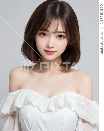 中等髮質的女人溫柔地微笑 中等髮質的女人溫柔地微笑 117561330