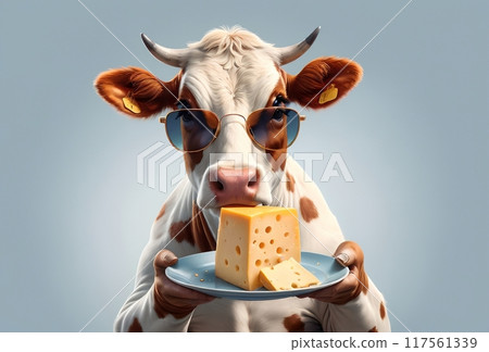 cute cow in sunglasses holding a plate of cheese 117561339