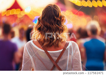 Back view of a woman enjoying a festival 117561471