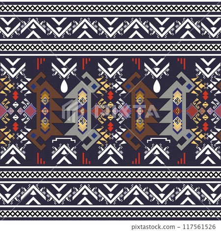 Floral cross stitch embroidery on background.geometric ethnic oriental seamless pattern traditional.Aztec style abstract illustration.design for texture,fabric,clothing,wrapping,print Floral cross stitch embroidery on background.geometric ethnic oriental seamless pattern traditional.Aztec style abstract illustration.design for texture,fabric,clothing,wrapping,print 117561526