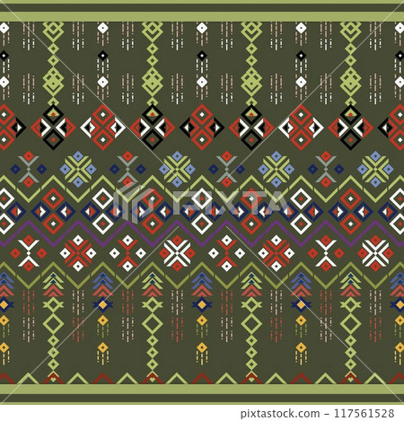 Floral cross stitch embroidery on background.geometric ethnic oriental seamless pattern traditional.Aztec style abstract illustration.design for texture,fabric,clothing,wrapping,print Floral cross stitch embroidery on background.geometric ethnic oriental seamless pattern traditional.Aztec style abstract illustration.design for texture,fabric,clothing,wrapping,print 117561528