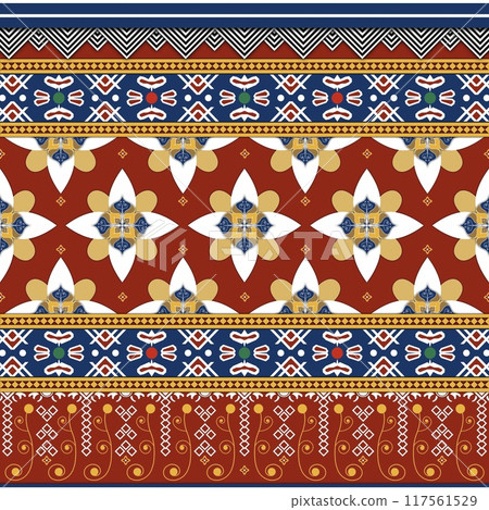 Floral cross stitch embroidery on background.geometric ethnic oriental seamless pattern traditional.Aztec style abstract illustration.design for texture,fabric,clothing,wrapping,print Floral cross stitch embroidery on background.geometric ethnic oriental seamless pattern traditional.Aztec style abstract illustration.design for texture,fabric,clothing,wrapping,print 117561529