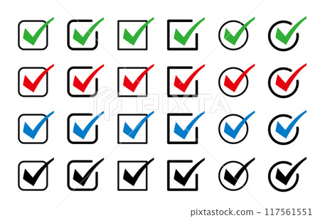 Square and round check mark icons drawn with a pen - red, green, blue, black 117561551