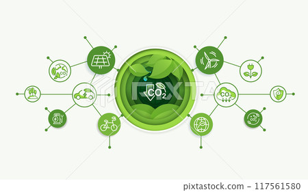 Paper art CO2 or carbon concept with icons. co2 emission using clean energy and limit global warming. renewable energy, planting tree. vector design. 117561580