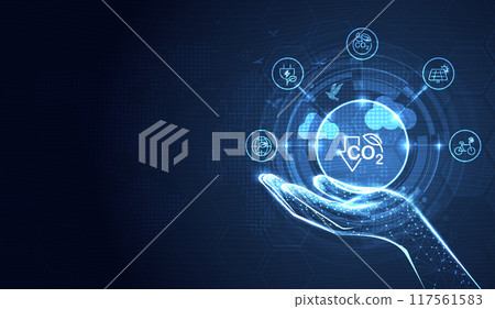 Reduce CO2 or carbon concept with icons and hand. CO2 emission using clean energy and limit global warming. renewable energy business background. vector design. 117561583