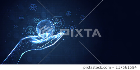 Reduce CO2 or carbon concept with icons and hand. CO2 emission using clean energy and limit global warming. renewable energy business background. vector design. 117561584