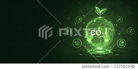 Global with tree and icons of reducing CO2 emissions, ESG, net zero. energy saving concept. save our planet, world environment day, world earth day. sustainable development and green business. vector. 117561590