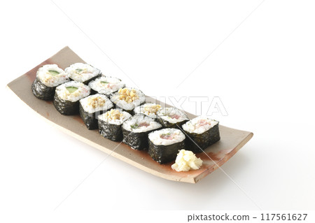Assorted sushi rolls photographed on a white background 117561627