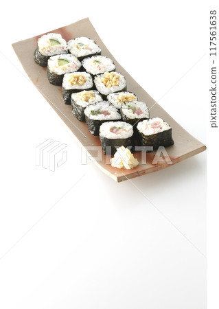 Assorted sushi rolls photographed on a white background 117561638
