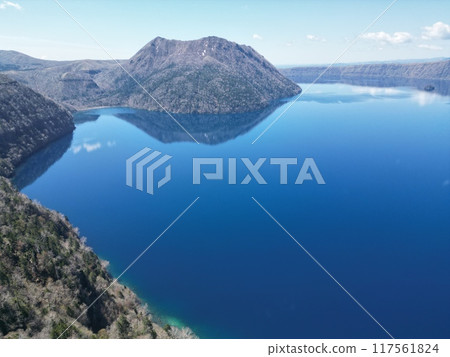 Aerial view of Lake Mashu from above Uramashu Observatory 117561824