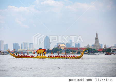 The Royal Barge in Chao Phraya river to be used in the royal coronation ceremony of His Majesty the King of Thailand The Royal Barge in Chao Phraya river to be used in the royal coronation ceremony of His Majesty the King of Thailand 117561840